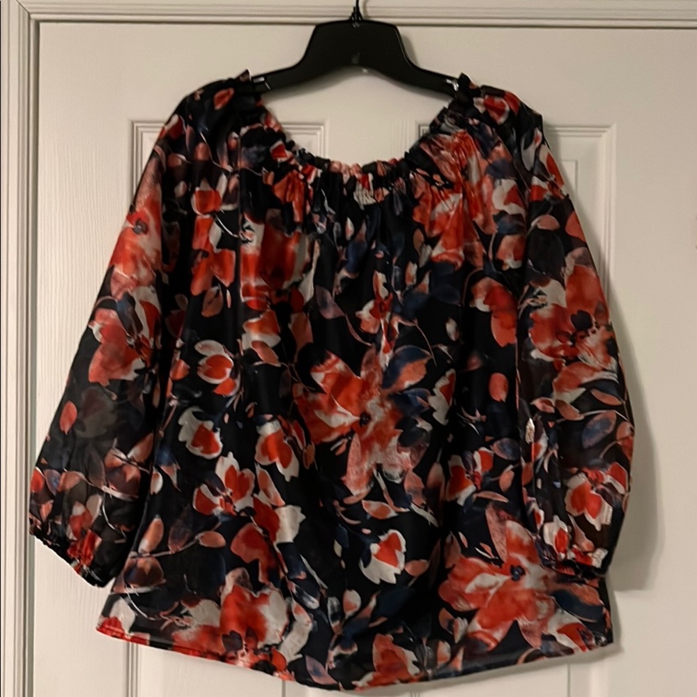 Anne Klein Floral Blouse - Dark Navy Blue and Red